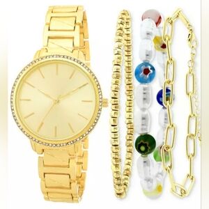 Nwt INC Gold-Tone Bracelet Watch 35mm& 3-Pc Bracelet Set Jewelry Beaded Crystals